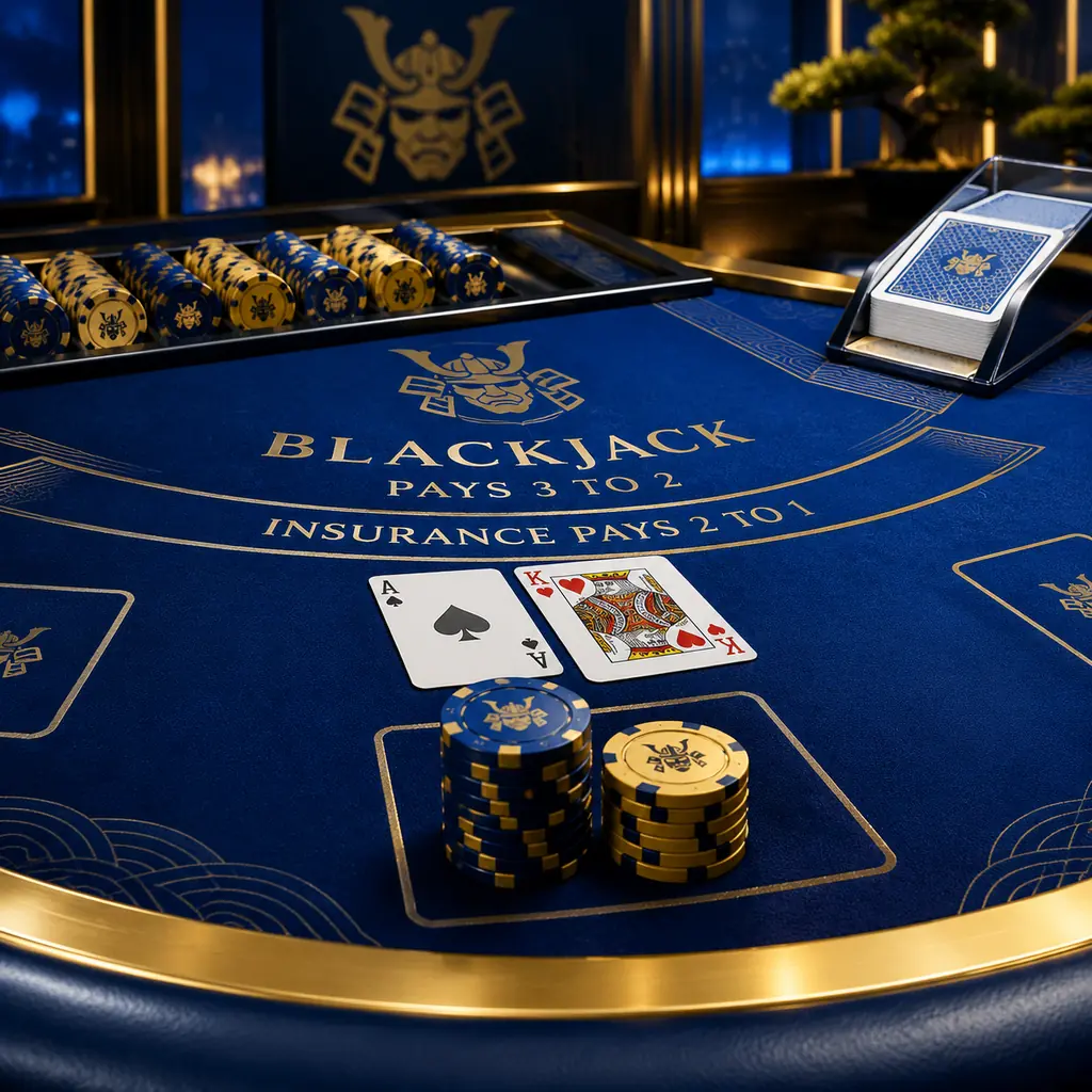 Meja blackjack dengan kartu dan chip biru