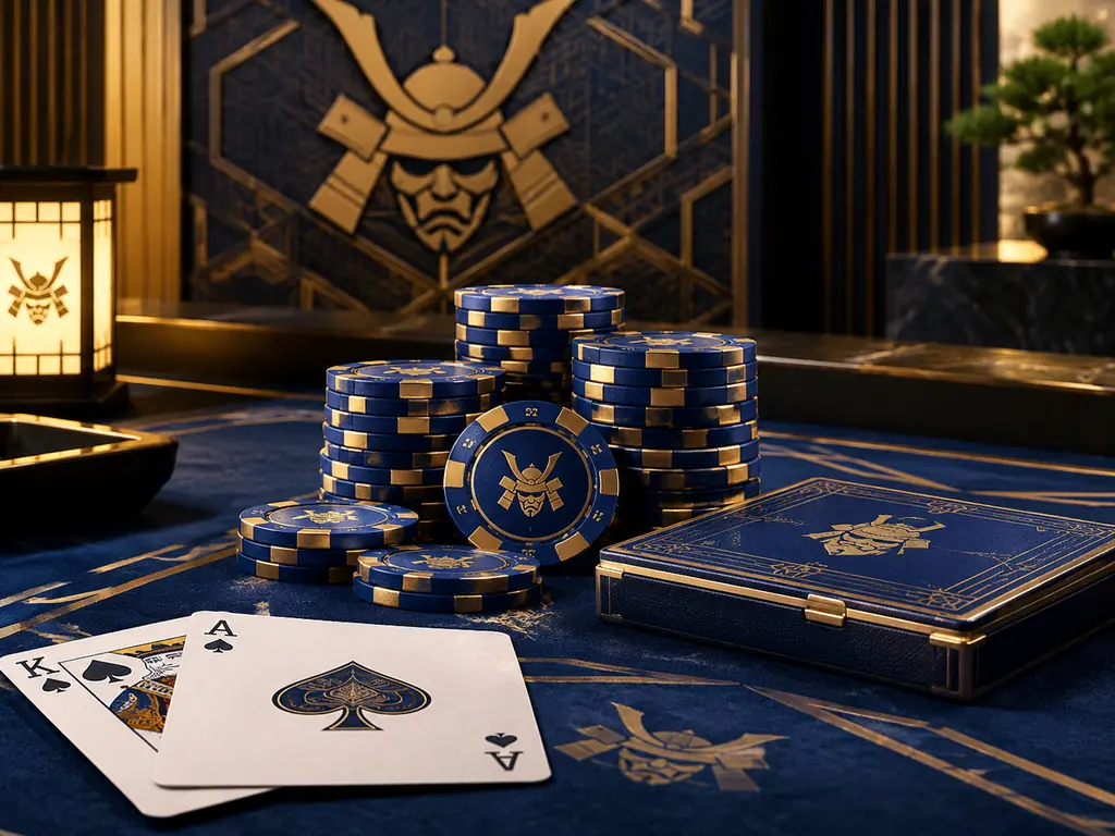 Meja kasino tertata dengan chip dan ornamen samurai