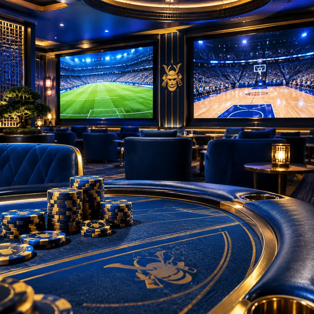 Ruang sportsbook kasino dengan layar sepak bola dan basket